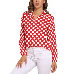 White And Red Polka Dot Blouse Vintage Spot Print Trendy Graphic Blouses Female Casual Shirt Summer Long-Sleeve Oversized Top