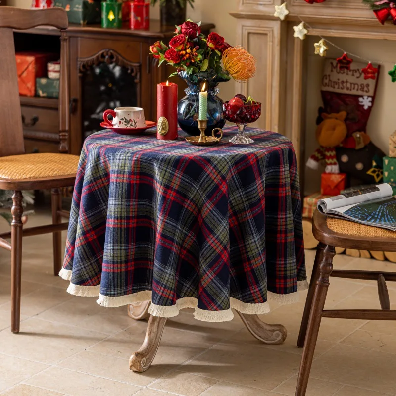 Round Red Buffalo Plaid Tassel Table Cover Table Protector Cover Transparent Tarot Tablecloth for Kitchen Dinning Party Decor