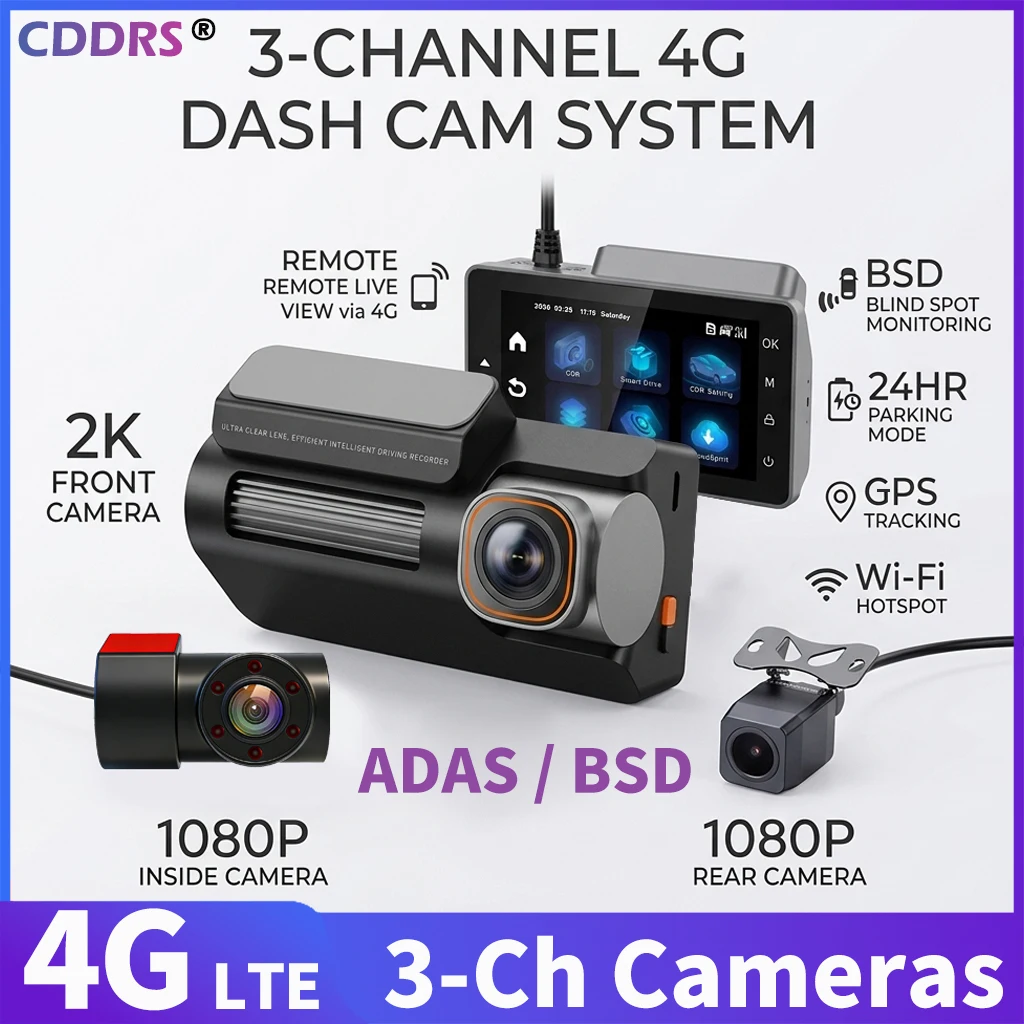 Câmera Veicular 4G LTE com GPS, 2K+1080P+1080P, Câmera de Carro com Três Lentes, WiFi, Visão Noturna, Visualização Remota ao Vivo, Modo de Estacionamento 24H