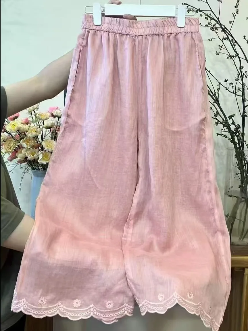 

Женские летние широкие брюки из льна однотонного цвета с эластичным поясом, дышащие, свободные, с вышивкой, двухслойные, повседневные