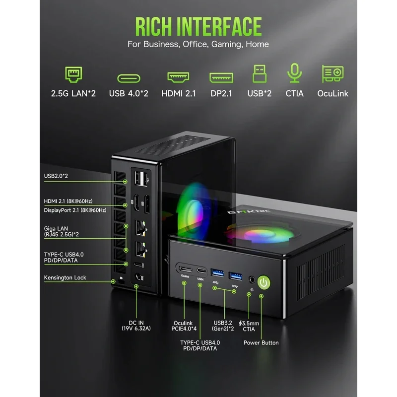 كمبيوتر صغير للألعاب GMKtec Nucbox K11 AMD Ry-zen 9 8945HS OCuLink 2x DDR5 2x PCIe RGB كمبيوتر محمول لسطح المكتب Windows11 WiFi6