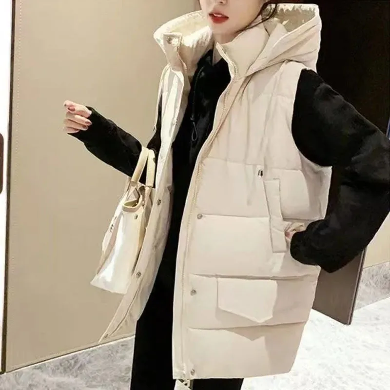 2023New Long Vest Coat Women clothes Fashion Warm Sleeveless Parkas Hooded Solid Top Loose Female Waistcoat Casual Outerwear 4XL