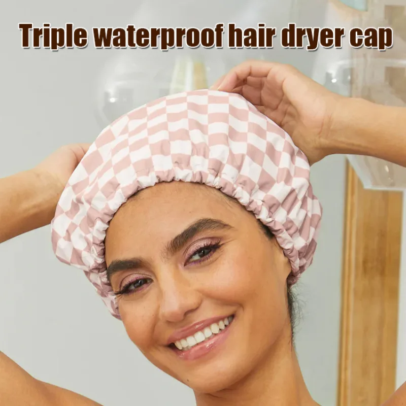 Simulation Silk Three Layer Hair Dryer Cap Waterproof Hair Care Lined Plaid Simulation Non-slip Not Easily Deformed