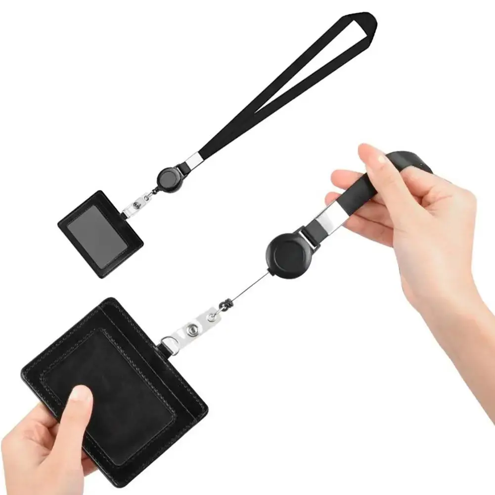 2KindPU Leather Pass Work Card Cover Working Permit Case Sleeve Badge Holder Black ID Tag Lanyard For Staff Card Clip Neck Z4K8