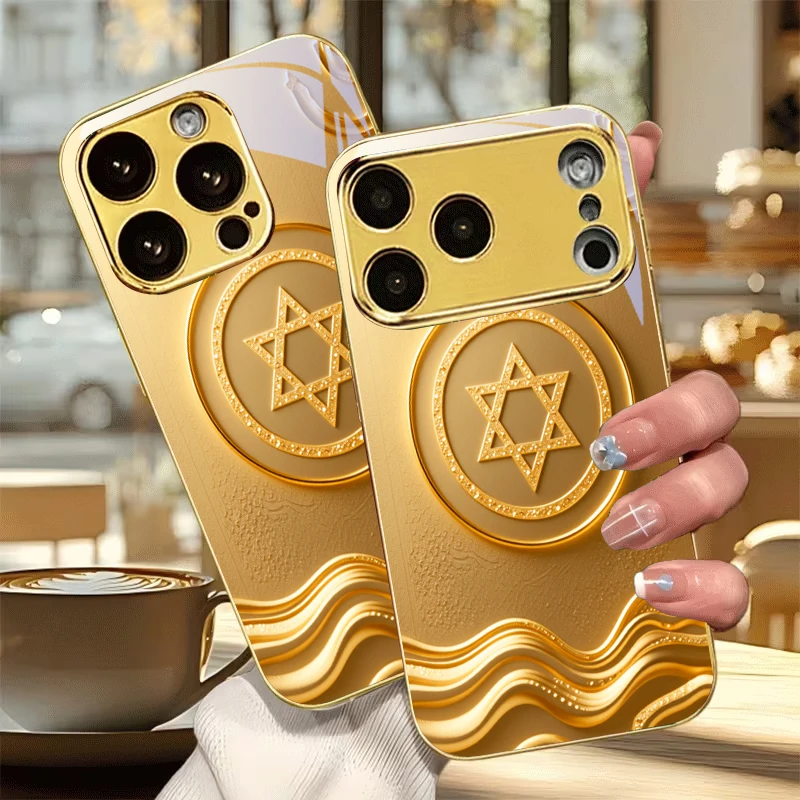 Coque de téléphone dorée électroplaquée de luxe avec étoiles dorées pour iPhone 13 17 16 15 14 12 11 Pro Max Plus 16E 17Air XR 7 8 Xs, avec couverture en verre