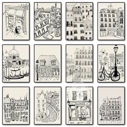 French Paris Travel Architecture Minimalist Building Drawing Poster Canvas Printing Wall Art Picture for Living Room Home Decor