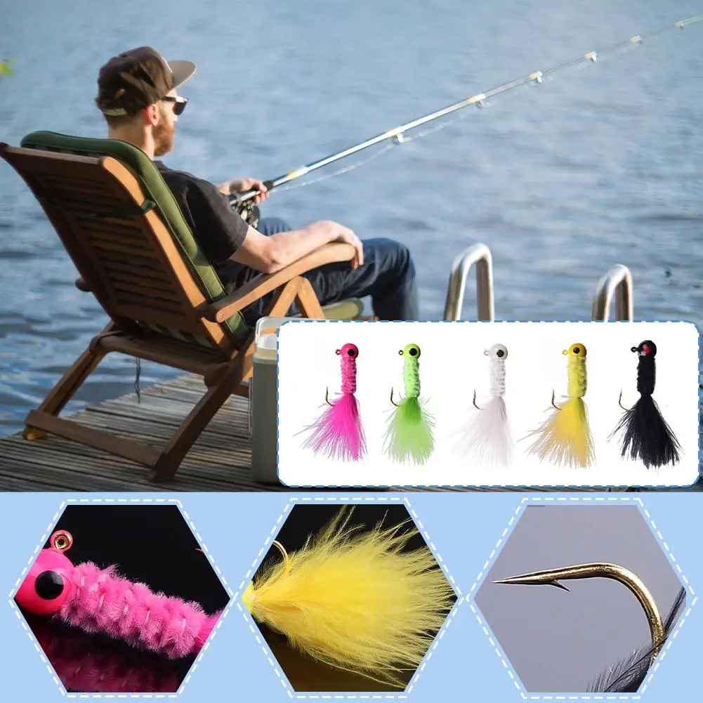 

Fishing Crappie Jig Heads 5PCS Marabou Feather Jig Head Hooks Fishing Lures Kit For Walleye Panfish Sunfish Bluegill Perch T8Y8