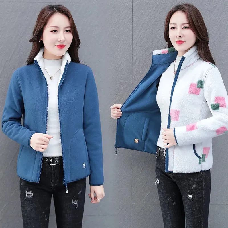 Reversible Polar Fleece Hoodie Female Spring Autumn New Add Velvet Add Thick Stand Collar Cardigan Coral Fleece Keep Warm Coat