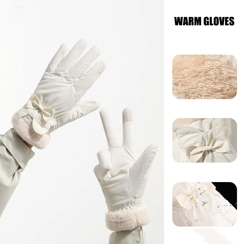겨울에 여성을위한 귀여운 활 따뜻한 장갑 플러스 벨벳 두꺼운 사이클링 야외 스키 터치 스크린 방수 스포츠 장갑