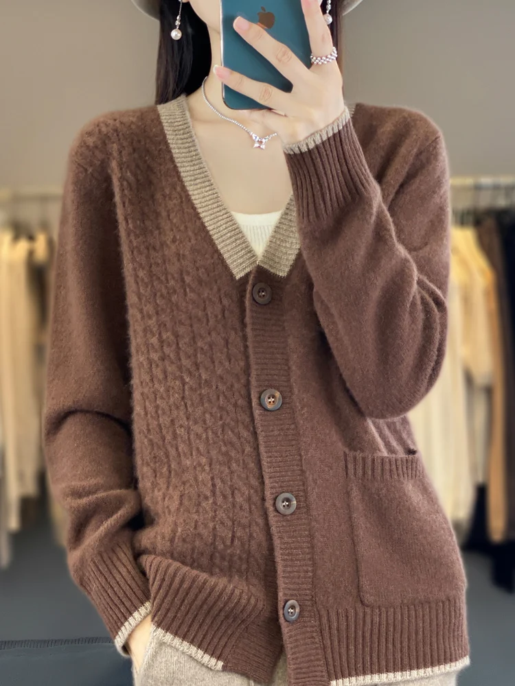 

New Women Cashmere Sweater Autumn Winter V-Neck Cardigan 100% Merino Wool Thick Button Knitwear Female Grace Soft Coat Top