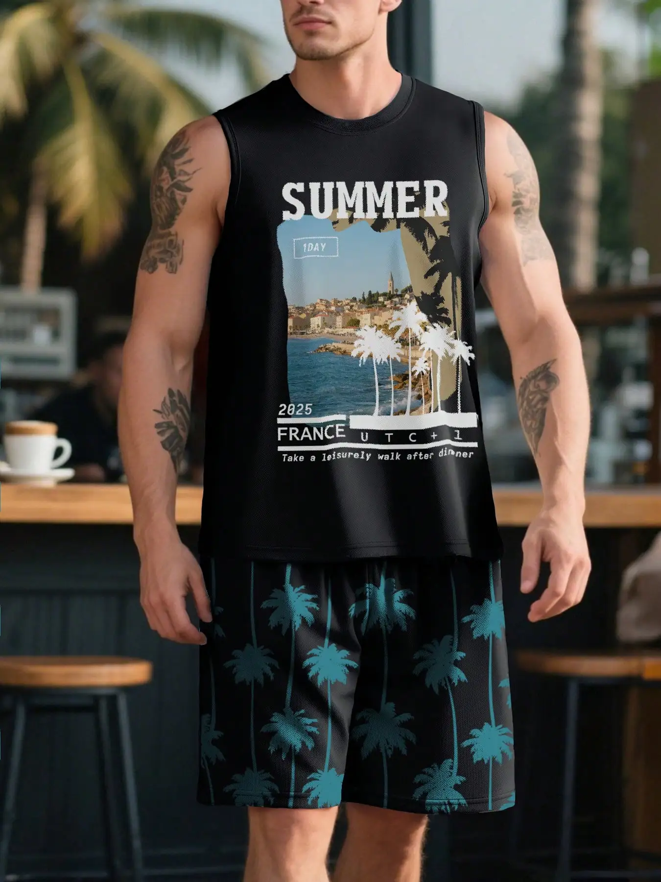 

TOQUCL 2025 Men's Black Mesh Summer Set | France Beach Print Sleeveless Top & Palm Tree Shorts | Heat Transfer Sportswear 2PC​