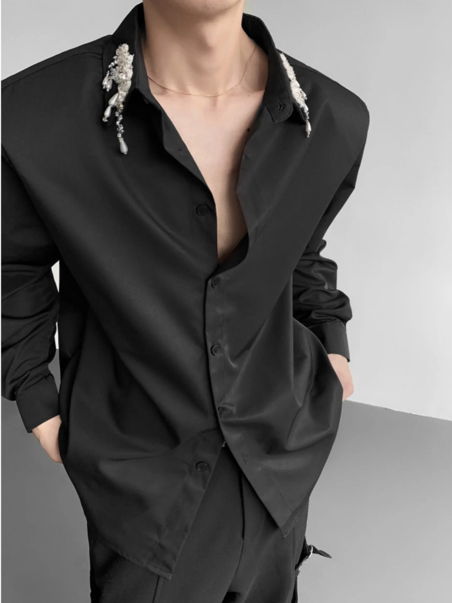 

Мужская рубашка Ele Long Sve с вышивкой, пайетками и бахромой, модная городская осенняя легкая люксовая черная рубашка для молодежи