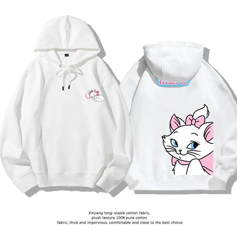 Disney Marie witte hoodie dames kinderen 2025, winterfleece gevoerd grijs roze geel kittens pootafdrukken harten ontwerp grote achterhoofd