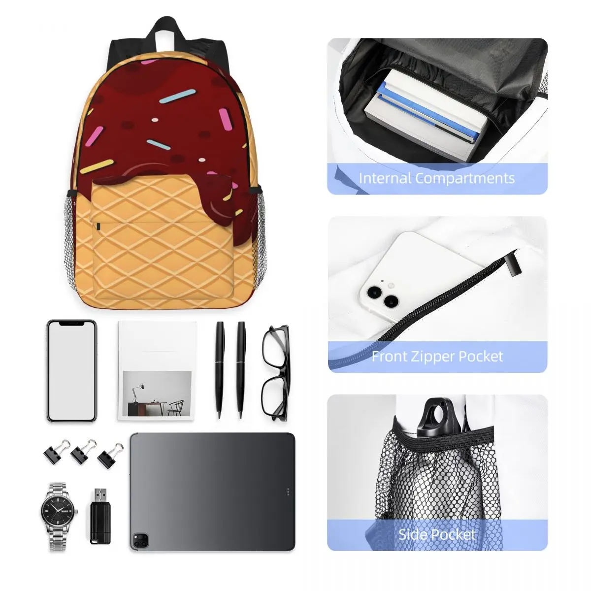 Ice Cream Waffle With Chocolate Backpack Hot Sale Daypack Large Capacity Boys Girls BookBag Shoulder Bags Men Women School Bag