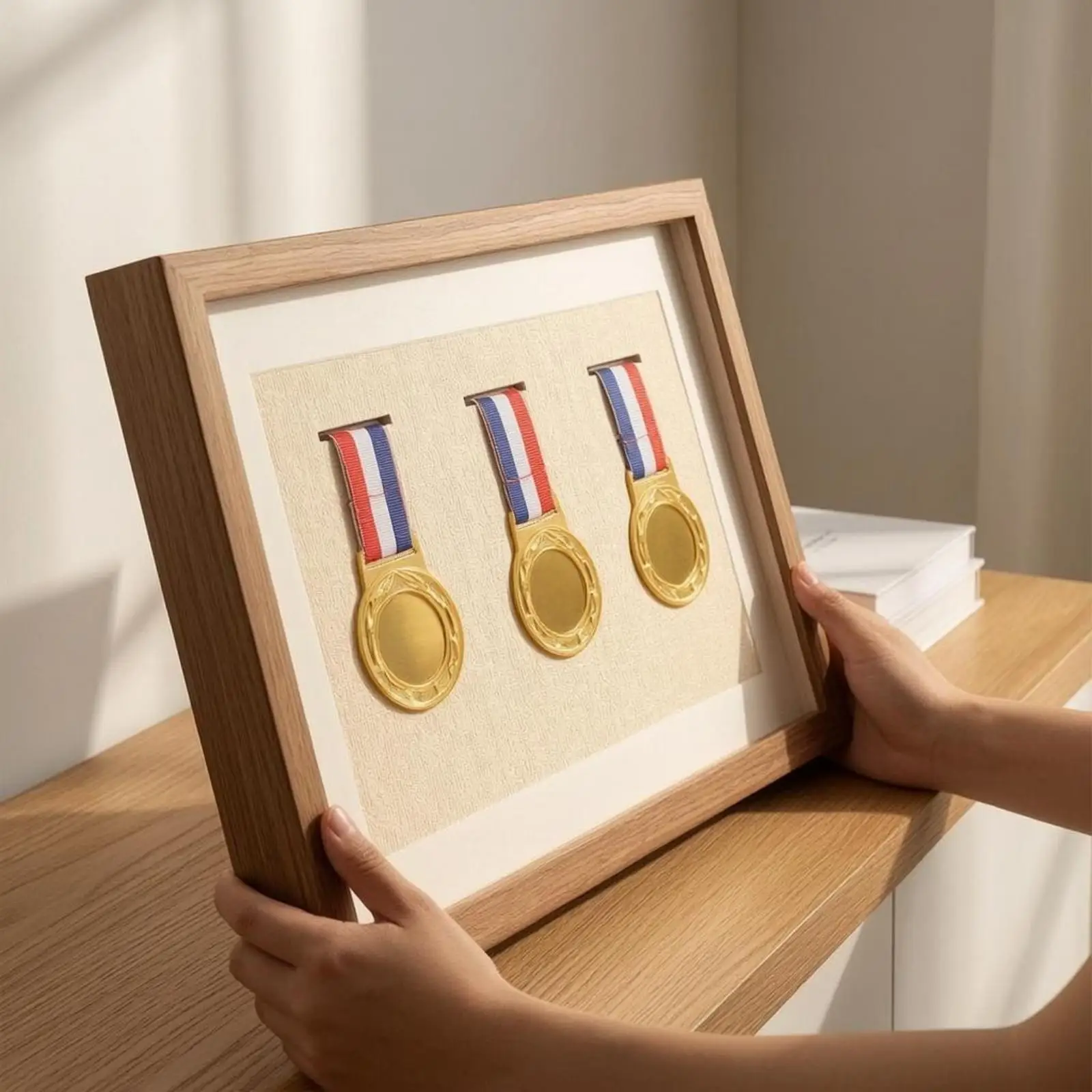 Three-Medal Frame Clear Shield Panel Award Holder Rectangular