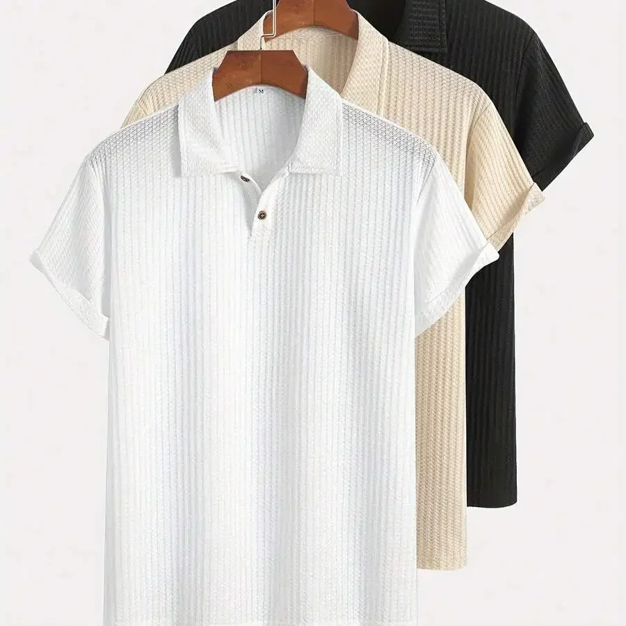 

3pcs Mens Summer Casual Shirts Short Sleeve Knitted Solid Color