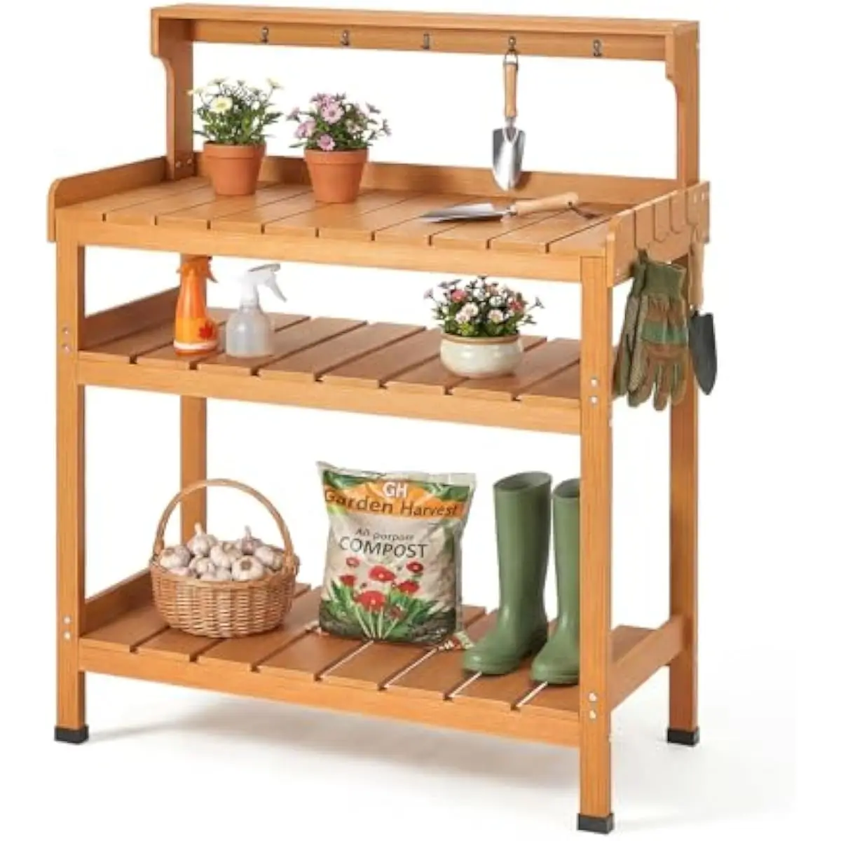 Outdoor Gardening Workbench – HDPS Construction with 4-Tier Open Shelving, 9 Integrated Hooks, Weatherproof Surface, 35.6 x 16.5