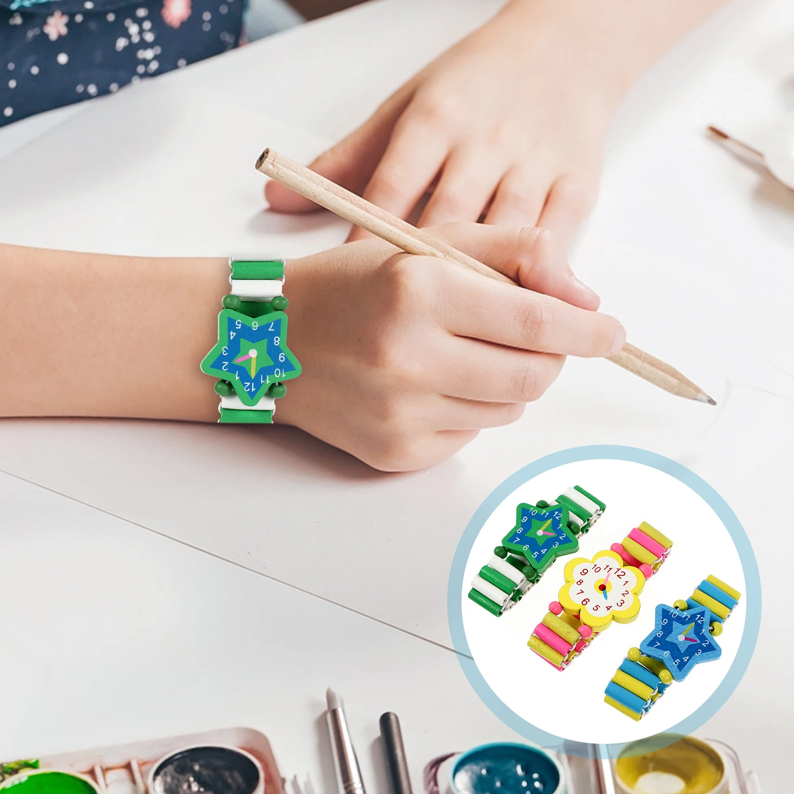 

3pcs Cartoon Wooden Wrist Watches Gift Child Bracelet Timepiece Educational Simulation Design Safe Paint Playtime Learning