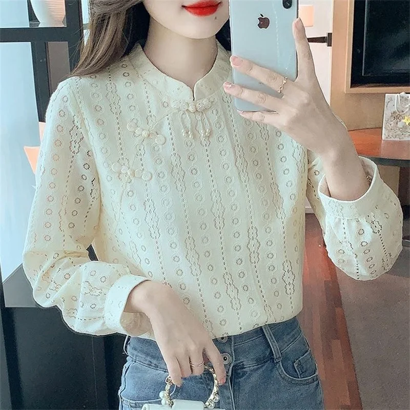 Women Spring Autumn Blouses Shirts Lady Casual Long Sleeve Stand Collar Solid Color Blusas Tops DF4758