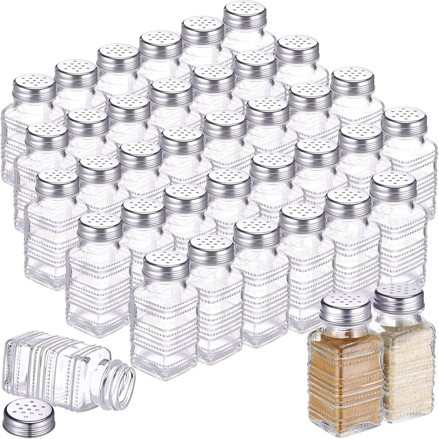 

48 Pack Glass Salt Shakers with Stainless Lids, 2.7oz Small Spice Shakers for Kitchen, Restaurants, Wedding Supplies (Silver)