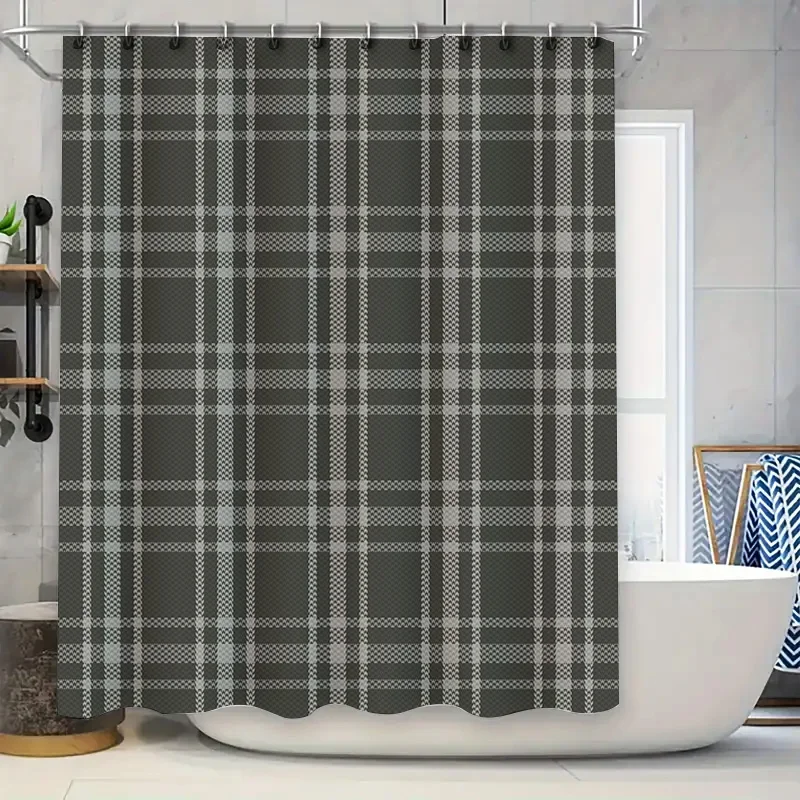 

Red Plaid Shower Curtain Waterproof Bathing Room Decorative Decoration for Bathtub in White Checkered Pattern with Long Drawstri
