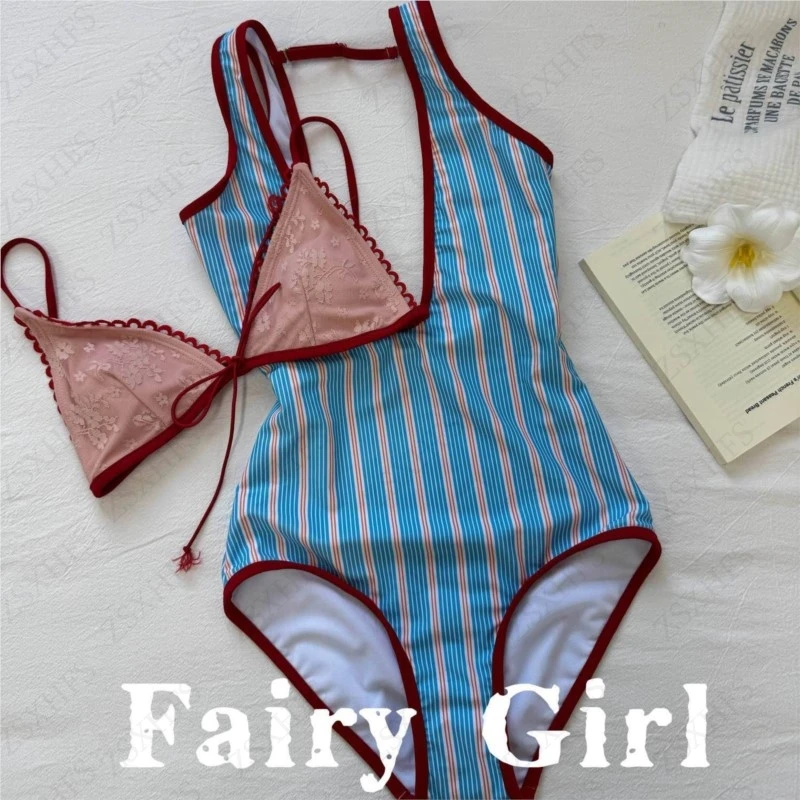 شريطية بذلة ملابس السباحة المرأة مثير مجموعة البكيني الخصر جوفاء خارج ملابس السباحة النساء البوهيمي عطلة عادية عبر الظهر ملابس السباحة