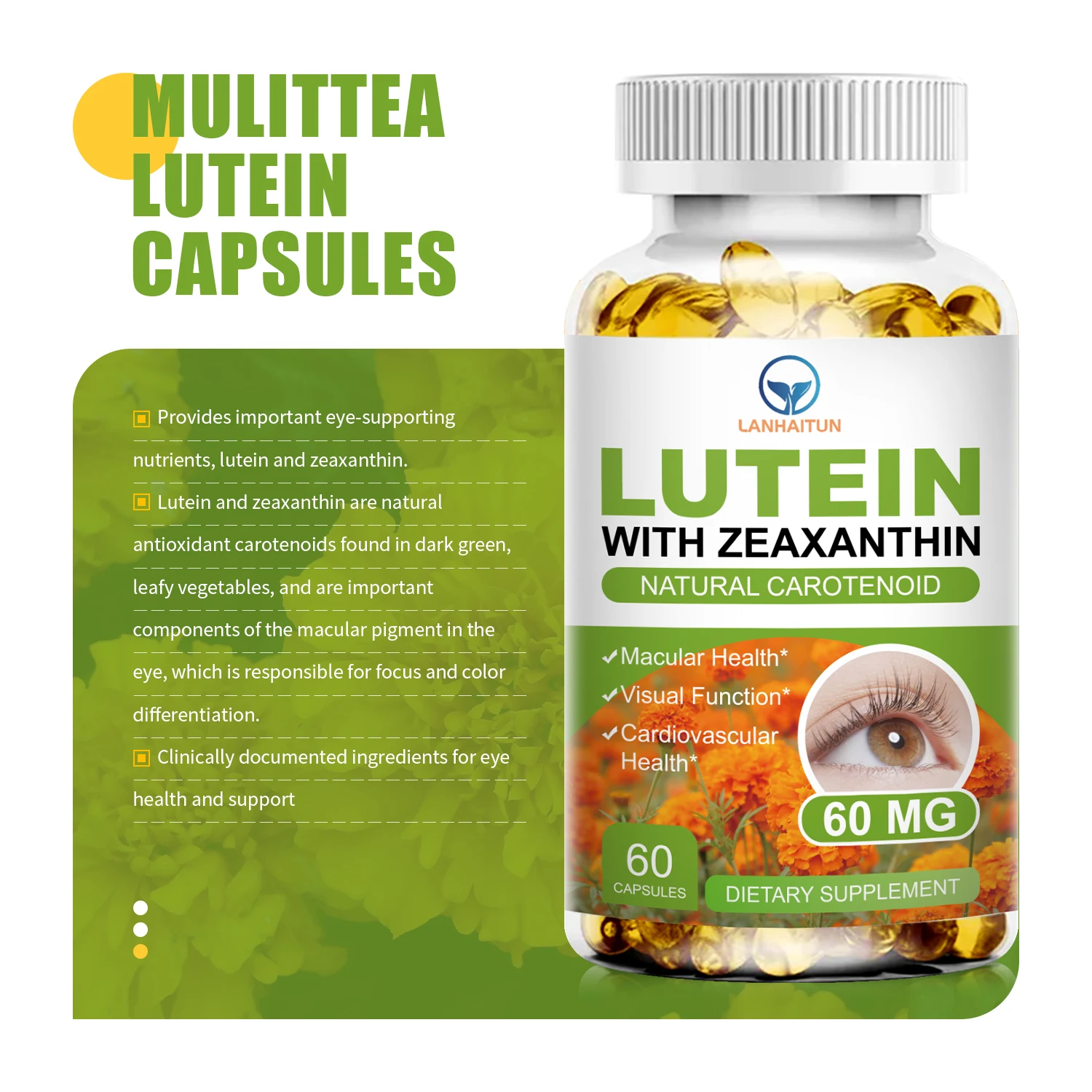 LANHAITUN-Lutein de 60MG, suplemento de zeaxantina para la salud y el cuidado de los ojos, vitaminas, no transgénicos y sin olor, promueve Funciones visuales