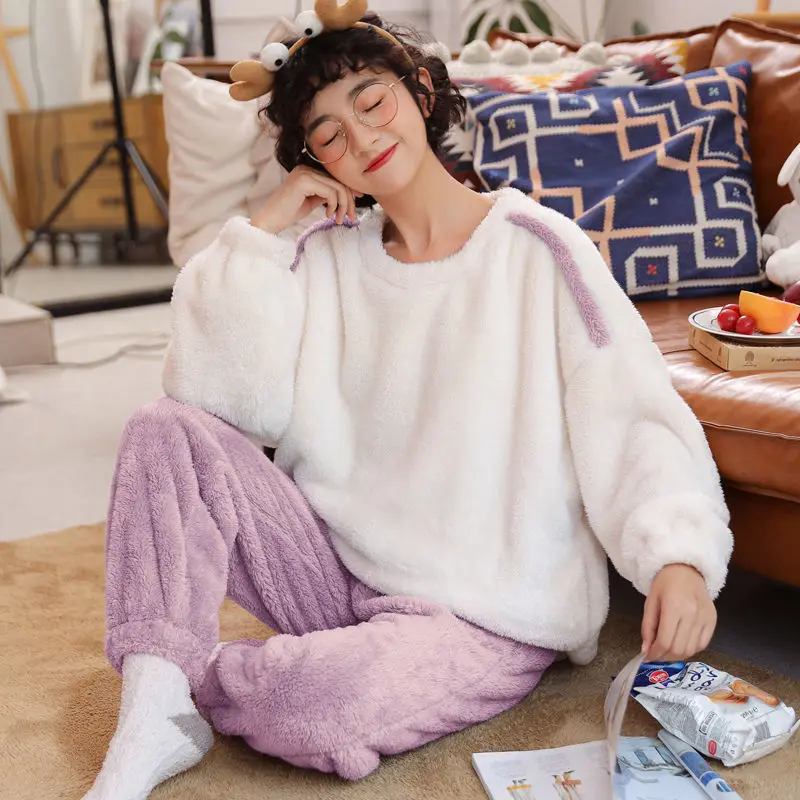 

Coral Fleece Women Pajama Sets Patchwork Long Sleeve Plus Velvet Thicker O-neck Pockets Korean Style Homewear Warm Students Chic