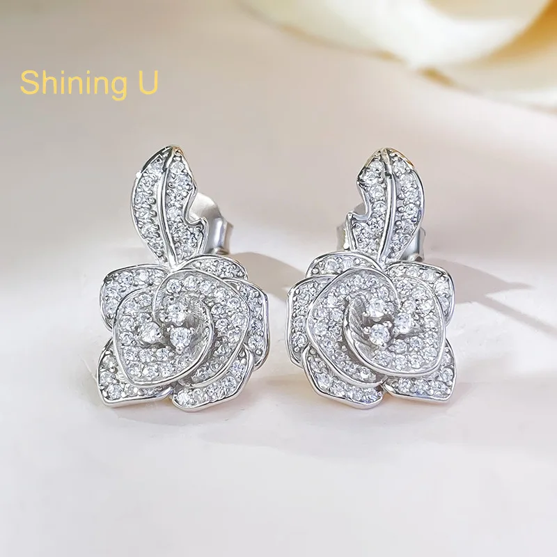 

Shining U S925 Silver Camellia Floral Full Gems Stud Earrings for Women Fine Jewelry Anniversary