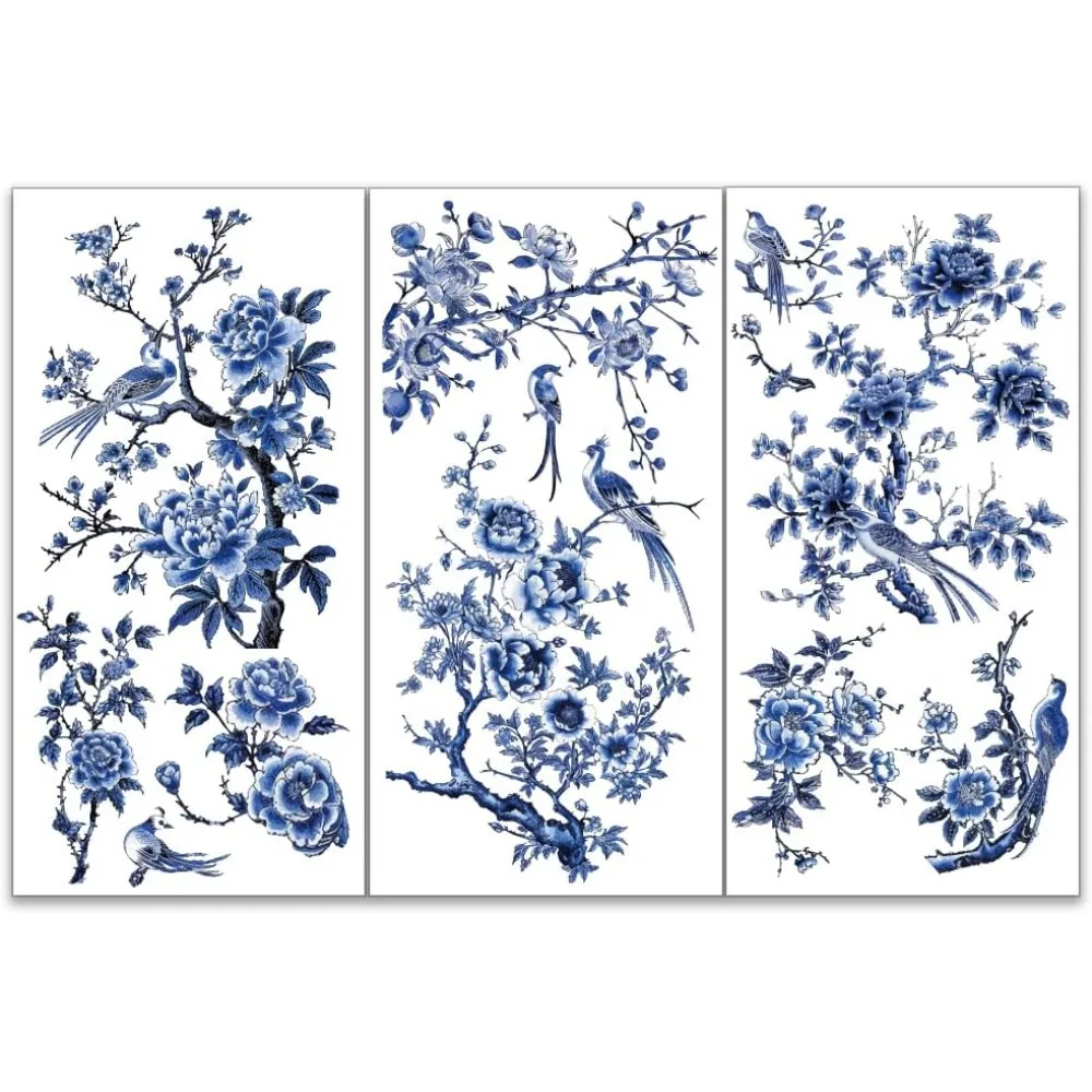 3 Stück/Set blaue Blumen-Reiben auf Transfers für Möbel und Kunsthandwerk, 15,2 x 30,5 cm, blaue Vogel-Dekor-Transferaufkleber, blaue Landschaftsreiben