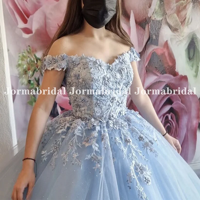 Sky Blue Quinceanera ชุดปิด Shoulder Beaded Appliques เจ้าหญิงชุดไปงานเต้นรำ Tulle ชุดเดรสปาร์ตี้ Vestido De 15อันอ็อต Quinceanera