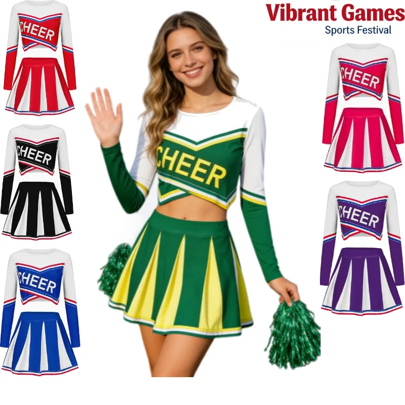 

Adult Long Sleeve Cheerleading Football Sports Meeting Match Stage Performance Outfit Women Competition Costume Multiple Colors