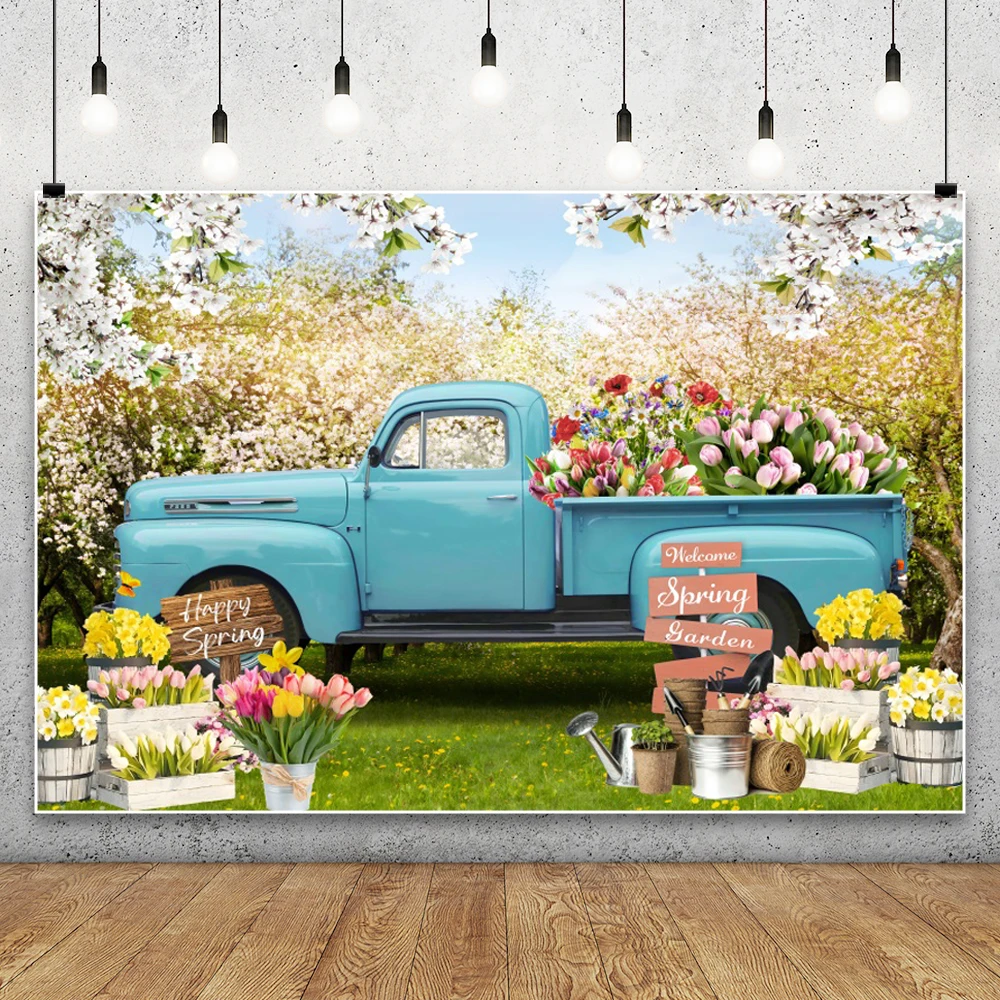 Easter Photography Background Blue Truck Colorful Eggs Tulip Flowers Rabbit Backdrop Spring Forest Easter Party Decoration