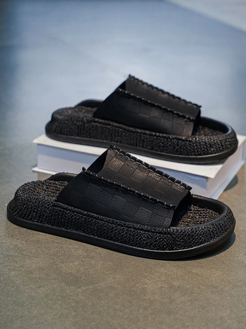 Men's Summer Outdoor Casual Sandals Anti-Slip Slip-On Leather Thong Slippers Thick Bottom PVC Sole Comfortable Beach Shoes