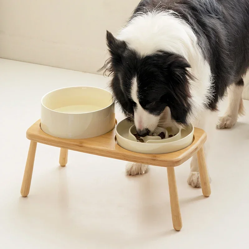 

Ceramic bamboo high shelf tableware set Puppy double Slow food bowl Large dog water bowl stand Small dog feeder Pet supplies