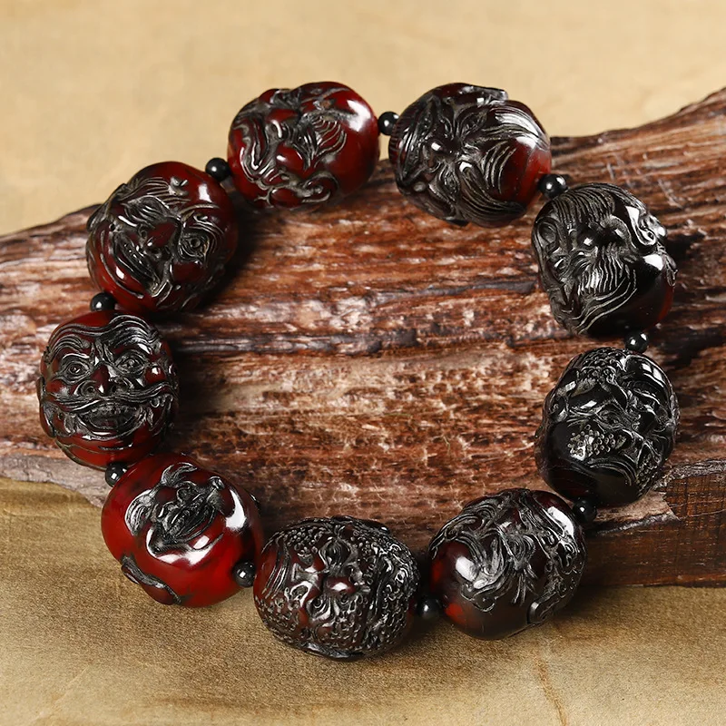 Authentic cultural artifact: Tibetan natural yak horn double-sided carved eighteen arhats Buddhist beads bracelet and ha