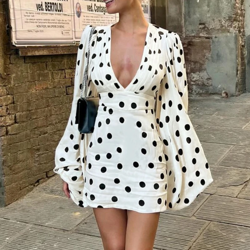 

Hot Selling New Fashionable Polka Dot Print Sexy Deep V Slim Fit Flared Sleeve Wrapped Hip Dress for Women