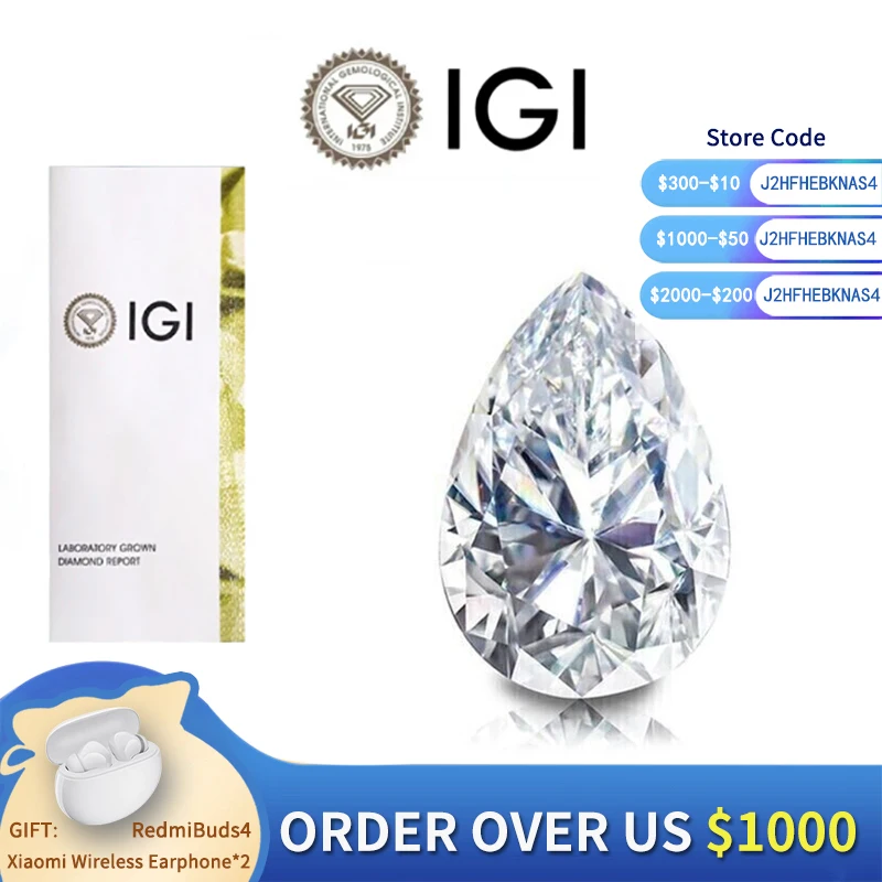 1ct-3ct Pear Cut Lab Grown Diamonds HPHT CVD Loose Diamond VS-VVS DEF Color IGI Certificate