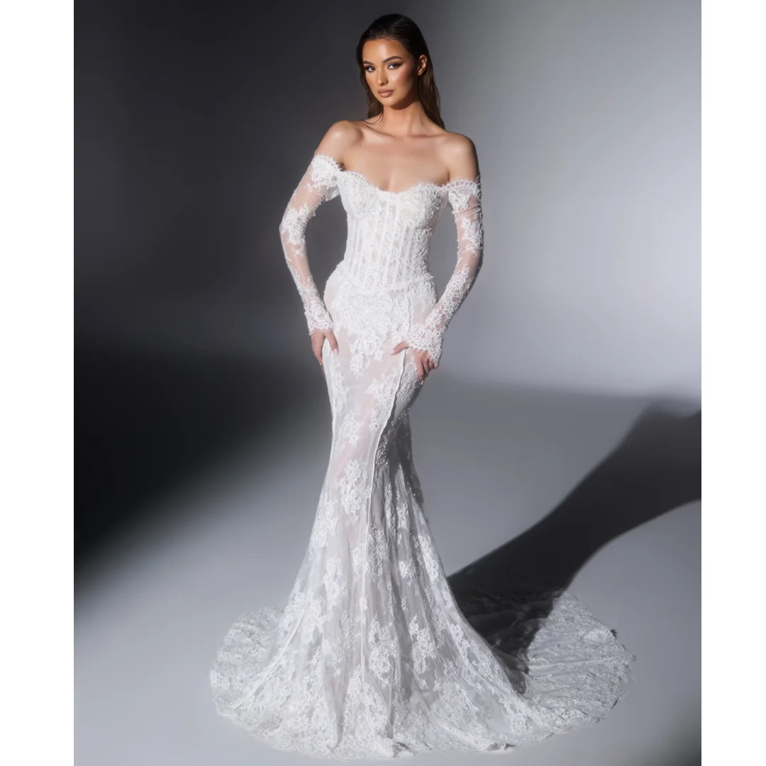 

Mermaid Wedding Dresses Lace Appliqued Long Sleeves Coset Bridal Gown Off the Shoulder Party Dress robe de mariée Customized