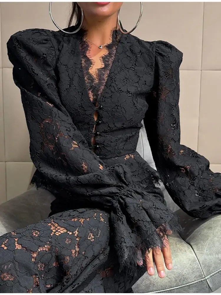 Elegantes Set aus Spitzen-Maxirock und Bluse für Damen, Vintage-Stil, einreihig, ausgestellte Ärmel, V-Ausschnitt, schlanke Bluse, Party-Outfit für Damen – Detail 36