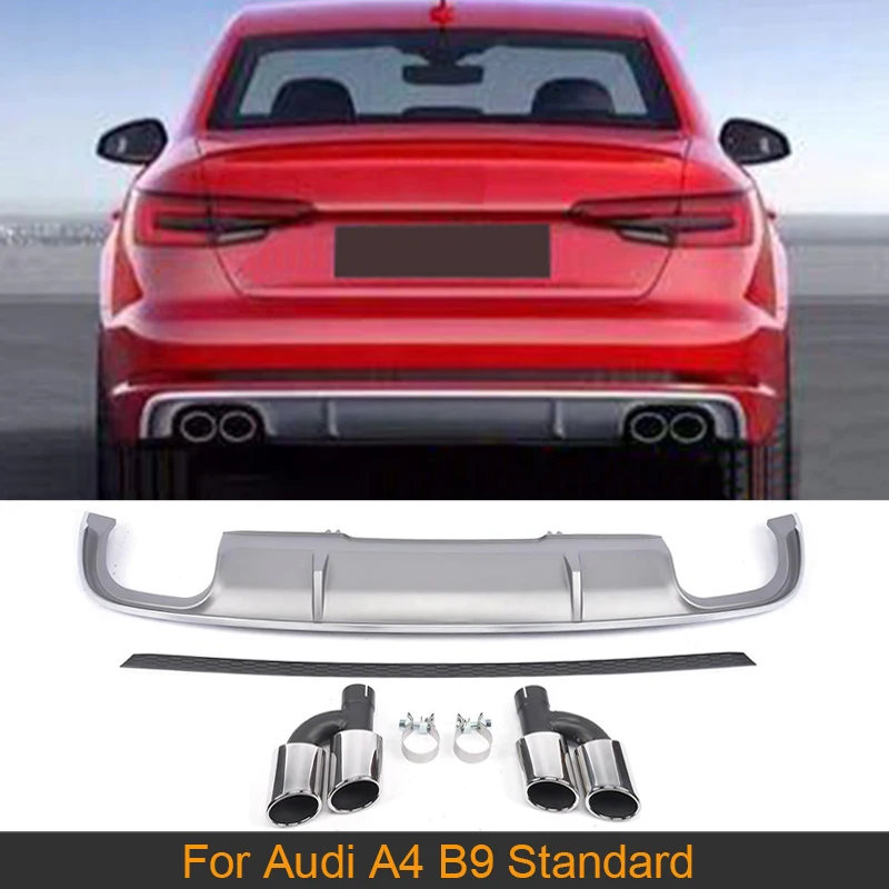 PP Car Rear Bumper Diffuser Lip Spoiler for Audi A4 B9 Standard Sedan 2017-2019 Rear Bumper Diffuser Lip Guard Exhaust Tips