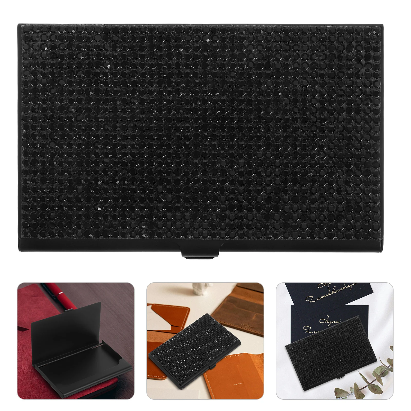 

Aluminum Alloy Business Card Holder with Rhinestones Elegant Metal Case for Credit Cards Id Storage Portable Office Organizer
