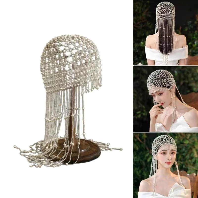 

Красивый жемчуг и бисер, повязка на голову для танца живота, регулируемый головной убор с кисточками, шляпа на голову, элегантный аксессуар для волос