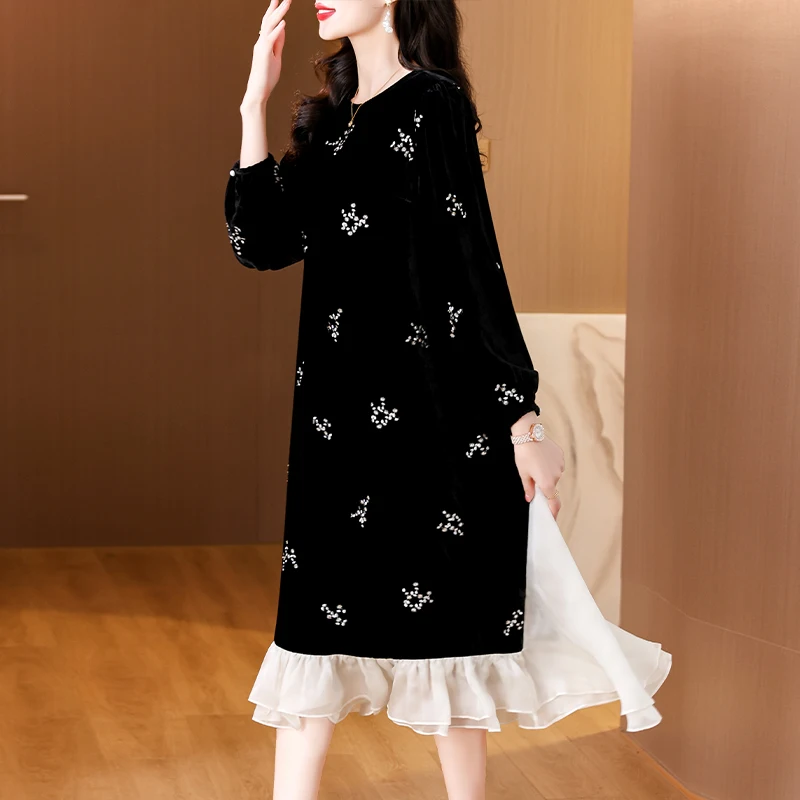 2024 Black Velvet Patchwork Pearl Mesh Long Sleeve Dress Autumn Winter Luxury Party Vestidos Women Korean Vintage Hepburn Dress