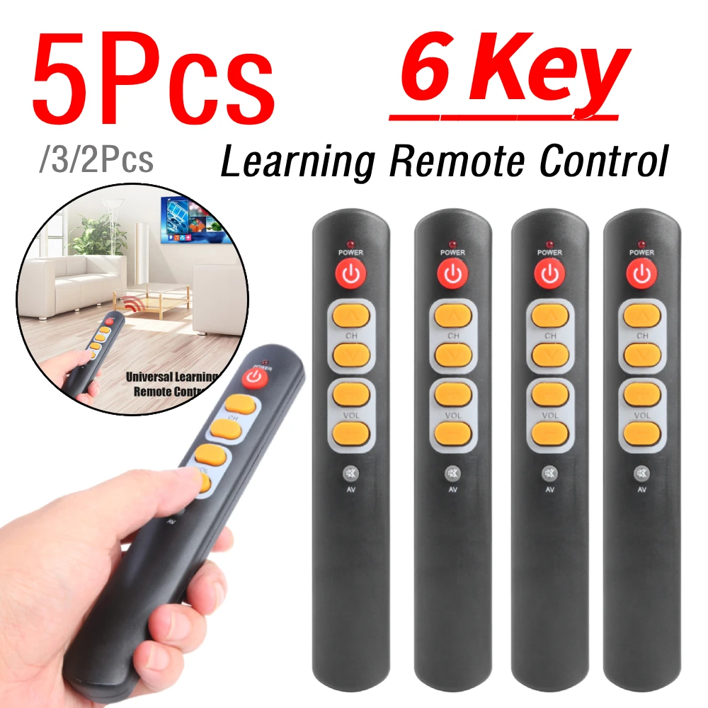 Controle remoto universal de 2-5 peças com 6 teclas, botão grande amarelo, controle remoto infravermelho IR para TV Box, STB, amplificador HIFI