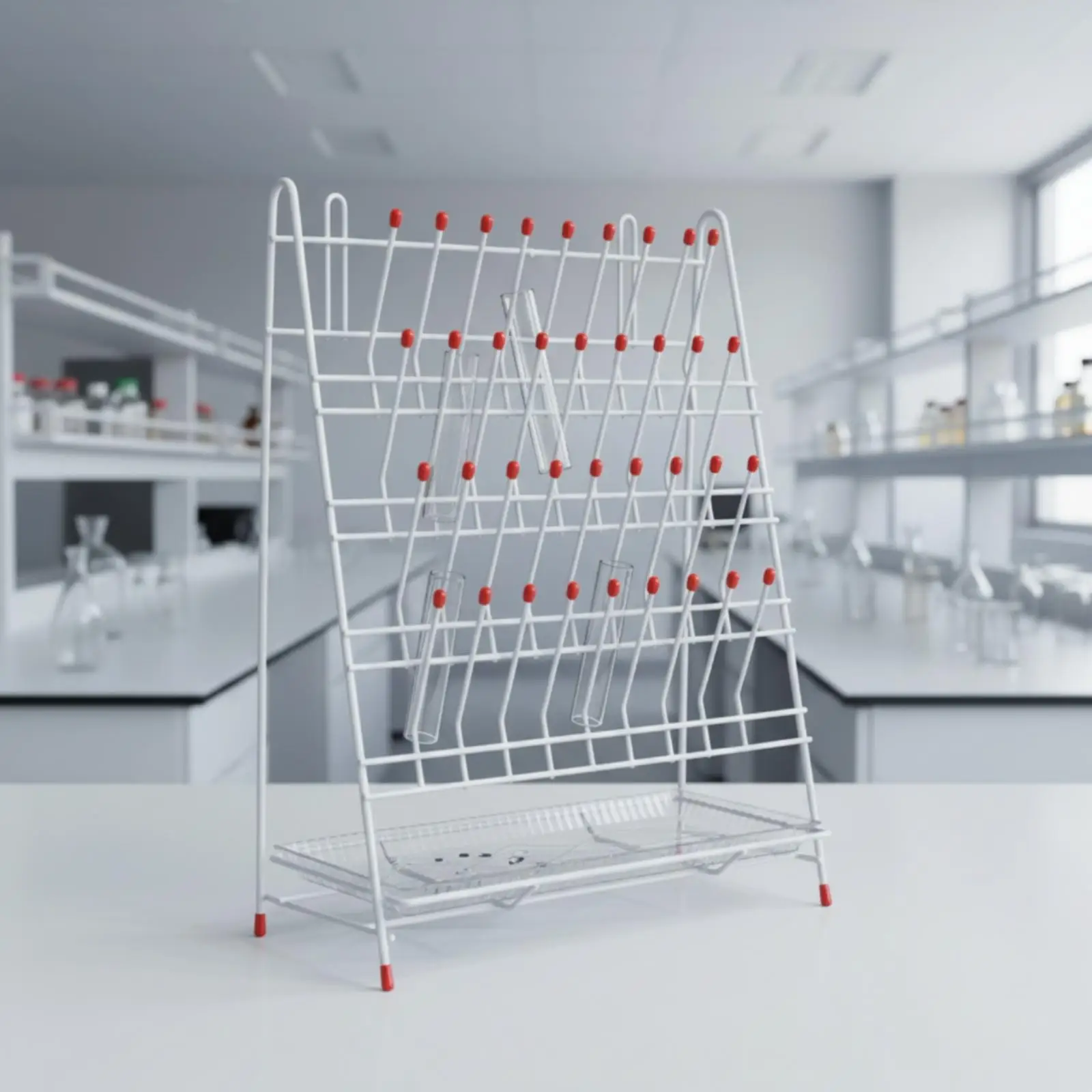 Sturdy Lab Drainage Rack for Beakers and Tubes with Protective Red Caps and Built in Tray