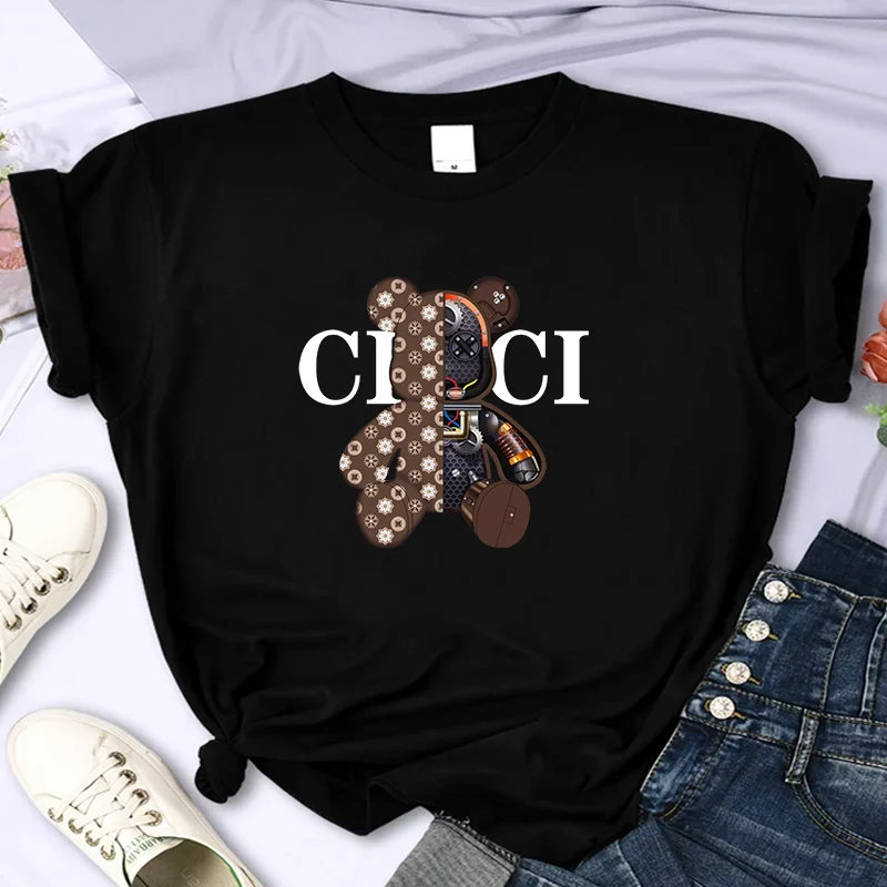 For Women's Luxury Brand Bear High-Quality Summer Printing T-shirt 100% Cotton Casual Oversized Y2k Personality Sleeve O-neck