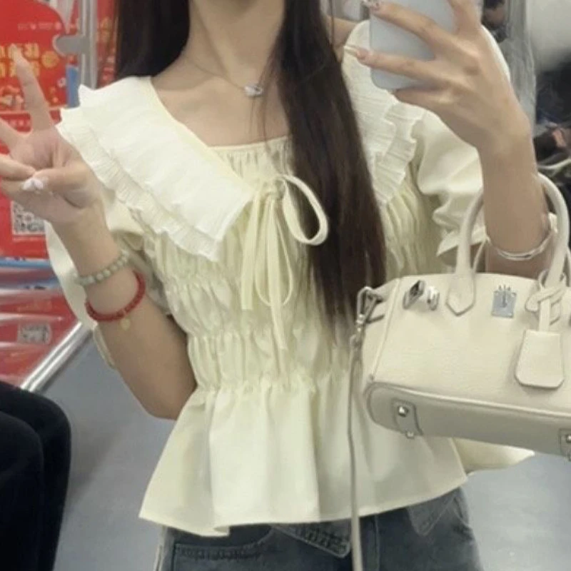 T-shirts Dames Zoete Franse stijl Ruches Pofmouwen Esthetische Mooie meisjes Gedefinieerde taille Chique streetwear Leeftijdverminderende zomer