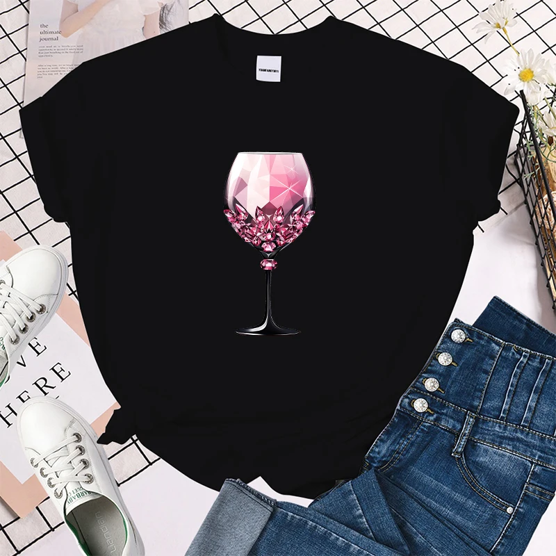 (Premium T-shirt)Pink Wine Glass T-Shirt Women T Shirt Cosplay Clothes Streetwear Tee Shirt Plus Size Tops