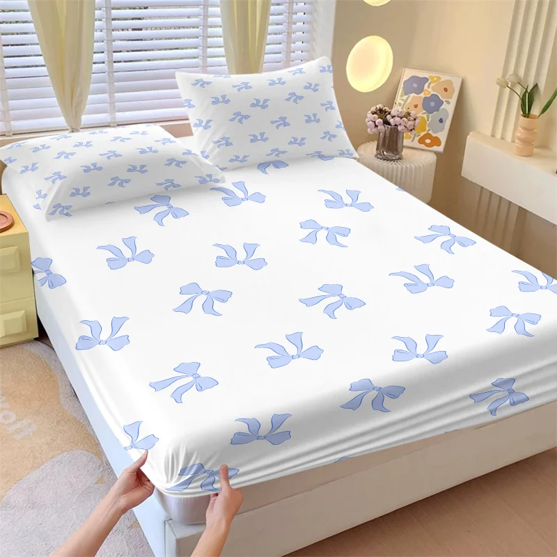 Coquette Blue Line Bow Fitted Sheet Set White Background Thin Outline Ribbon Print Bedding Soft Girly Teen Bedroom All Sizes